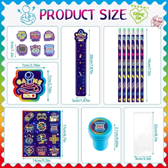 Alt view image 9 of 14 - Cholemy 168 Pcs Neon Video Game Party Favors Include Gaming Mini Notebook Gamer Birthday Sticker Pencil Stamper Ruler Eraser for Boy Teen Game Gifts Classroom Rewards Favor Party Supplies Decor (Cool)