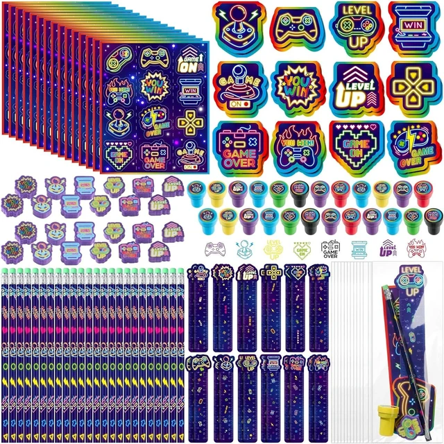 Alt view image 8 of 14 - Cholemy 168 Pcs Neon Video Game Party Favors Include Gaming Mini Notebook Gamer Birthday Sticker Pencil Stamper Ruler Eraser for Boy Teen Game Gifts Classroom Rewards Favor Party Supplies Decor (Cool)