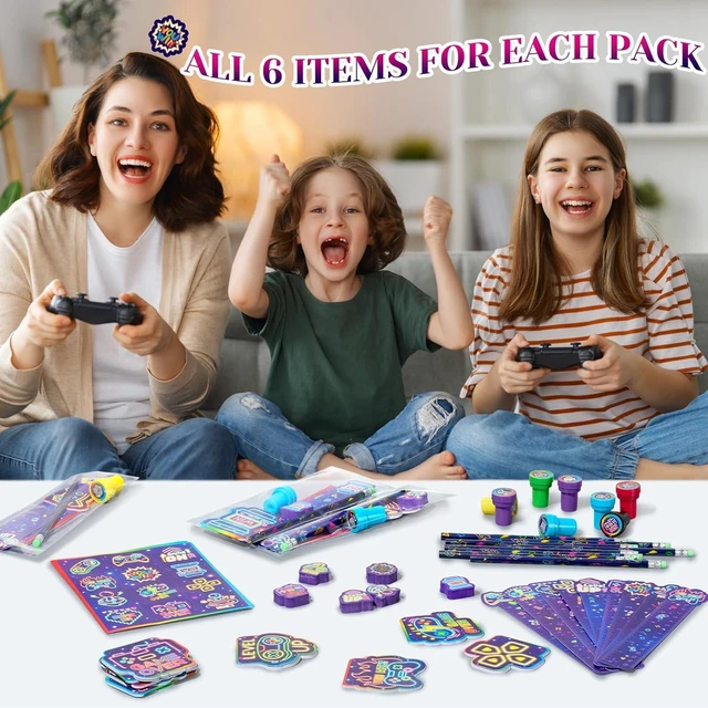 Alt view image 12 of 14 - Cholemy 168 Pcs Neon Video Game Party Favors Include Gaming Mini Notebook Gamer Birthday Sticker Pencil Stamper Ruler Eraser for Boy Teen Game Gifts Classroom Rewards Favor Party Supplies Decor (Cool)