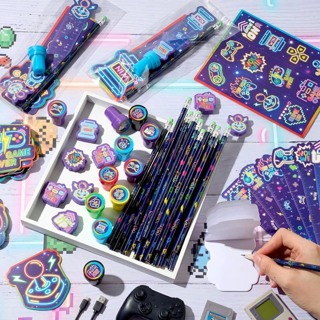 Alt view image 11 of 14 - Cholemy 168 Pcs Neon Video Game Party Favors Include Gaming Mini Notebook Gamer Birthday Sticker Pencil Stamper Ruler Eraser for Boy Teen Game Gifts Classroom Rewards Favor Party Supplies Decor (Cool)
