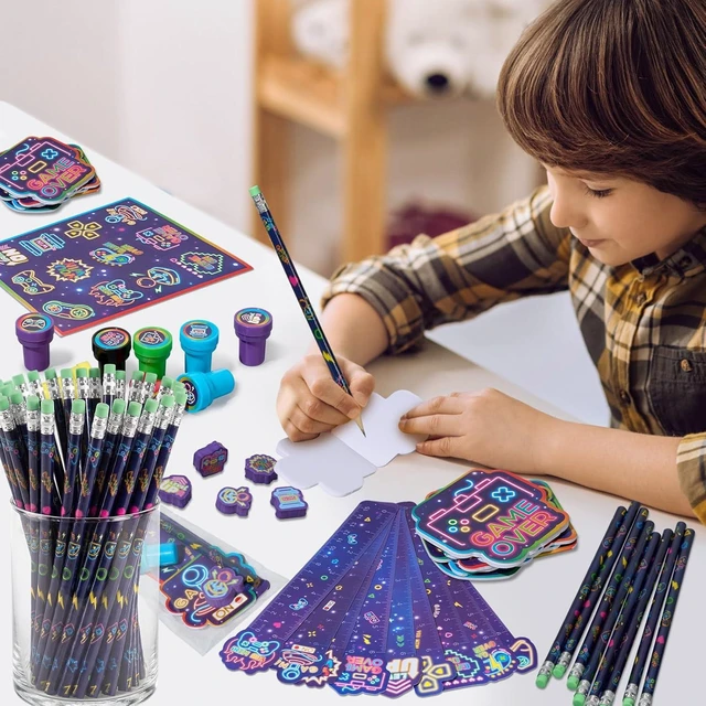 Alt view image 13 of 14 - Cholemy 168 Pcs Neon Video Game Party Favors Include Gaming Mini Notebook Gamer Birthday Sticker Pencil Stamper Ruler Eraser for Boy Teen Game Gifts Classroom Rewards Favor Party Supplies Decor (Cool)