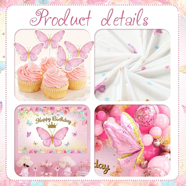 Alt view image 10 of 14 - Pink Balloon Arch Kit with Foil Butterfly Balloons, Happy Birthday Backdrop & Tablecloth Decorations for Girl's Party - 106 Supplies