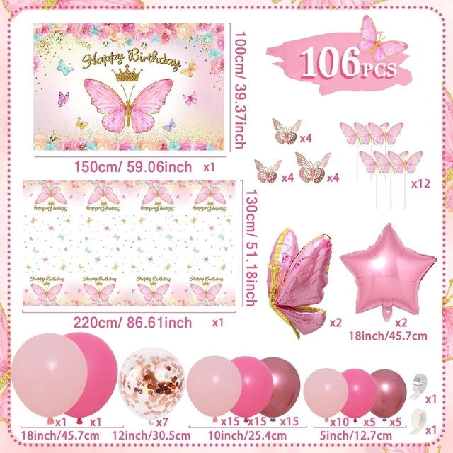 Alt view image 9 of 14 - Pink Balloon Arch Kit with Foil Butterfly Balloons, Happy Birthday Backdrop & Tablecloth Decorations for Girl's Party - 106 Supplies
