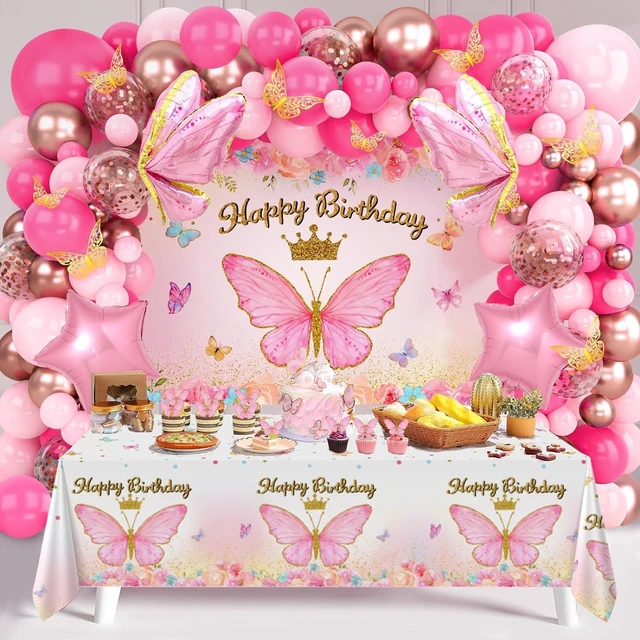 Alt view image 8 of 14 - Pink Balloon Arch Kit with Foil Butterfly Balloons, Happy Birthday Backdrop & Tablecloth Decorations for Girl's Party - 106 Supplies