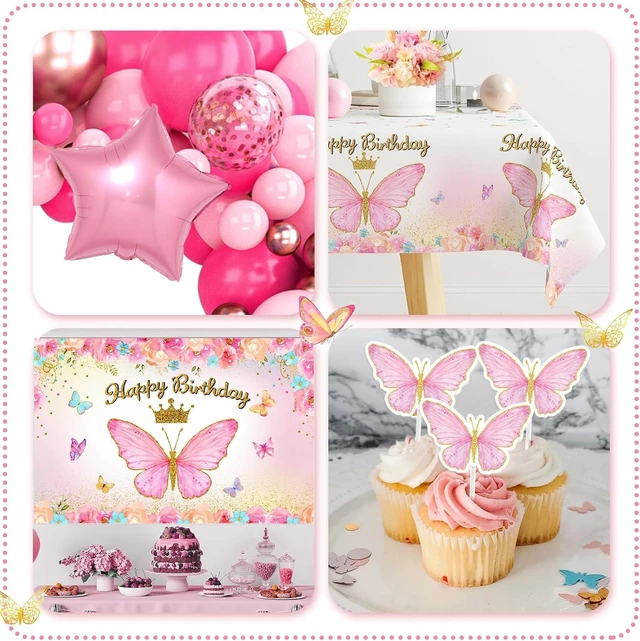 Alt view image 11 of 14 - Pink Balloon Arch Kit with Foil Butterfly Balloons, Happy Birthday Backdrop & Tablecloth Decorations for Girl's Party - 106 Supplies