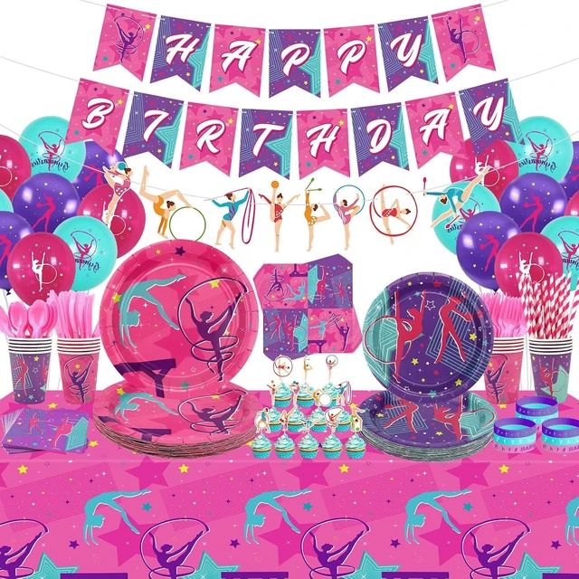 Alt view image 8 of 14 - Gymnastics Birthday Party Supplies - Gymnastics Birthday Party Decorations for Your Little Dance Gymnasts Including Happy Birthday Banner, Gymnastics Tableware, Tablecloth and Balloons, Serves 20