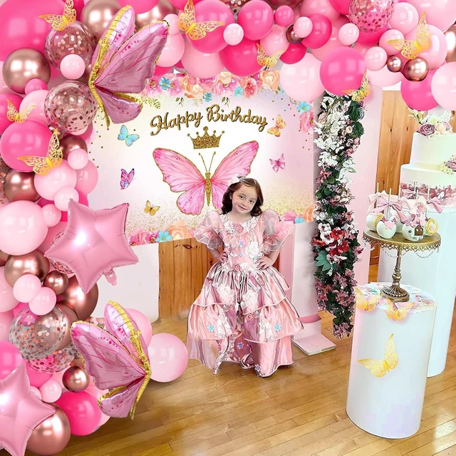 Alt view image 14 of 14 - Pink Balloon Arch Kit with Foil Butterfly Balloons, Happy Birthday Backdrop & Tablecloth Decorations for Girl's Party - 106 Supplies