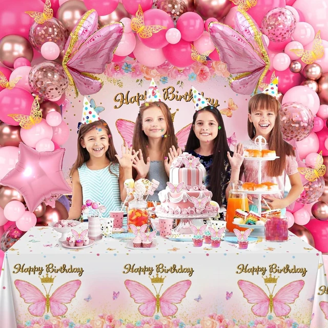 Alt view image 13 of 14 - Pink Balloon Arch Kit with Foil Butterfly Balloons, Happy Birthday Backdrop & Tablecloth Decorations for Girl's Party - 106 Supplies
