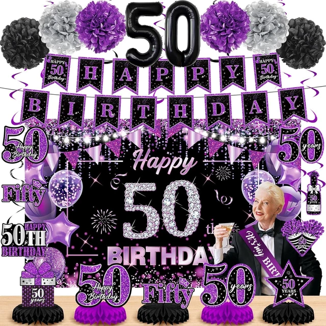 Alt view image 8 of 14 - Purple 50th Birthday Decorations Kit for Women Men Purple Black 50th Birthday Banner 50th Birthday Balloons Honeycomb Centerpiece Swirls Paper Pompoms Sash for Purple 50th Birthday Party Supplies