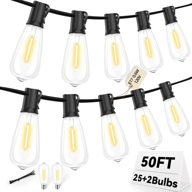 Alt view image 8 of 14 - 50FT Outdoor LED String Lights,Vintage ST40 LED Bulbs (25+2 Spare),Shatterproof Plastic,E17 Socket,2700K Warm White-Ideal for Patio,Porch,Deck,Gazebo,Bistro,Backyard,Wedding&Party Décor