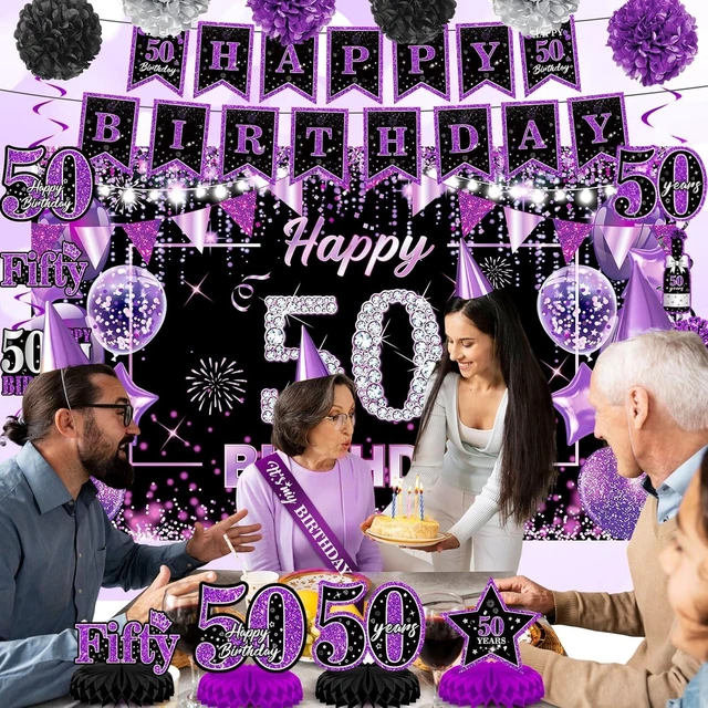 Alt view image 9 of 14 - Purple 50th Birthday Decorations Kit for Women Men Purple Black 50th Birthday Banner 50th Birthday Balloons Honeycomb Centerpiece Swirls Paper Pompoms Sash for Purple 50th Birthday Party Supplies