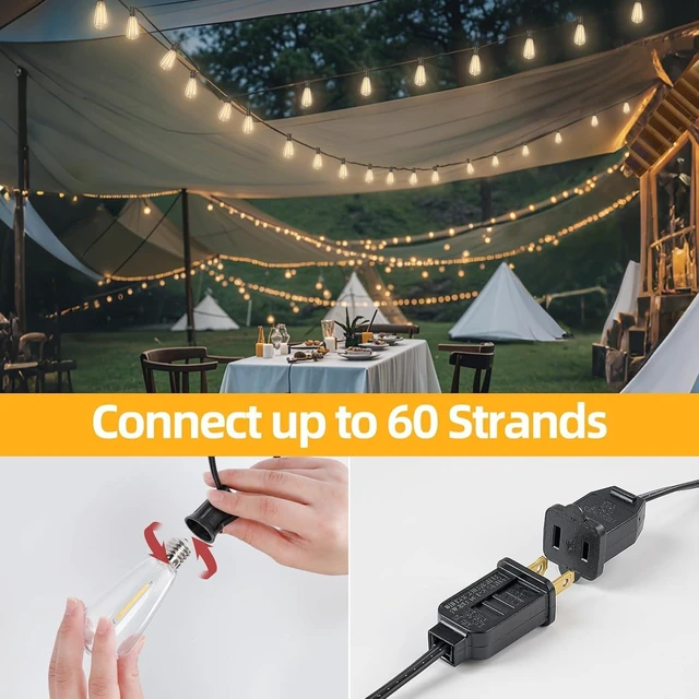 Alt view image 12 of 14 - 50FT Outdoor LED String Lights,Vintage ST40 LED Bulbs (25+2 Spare),Shatterproof Plastic,E17 Socket,2700K Warm White-Ideal for Patio,Porch,Deck,Gazebo,Bistro,Backyard,Wedding&Party Décor