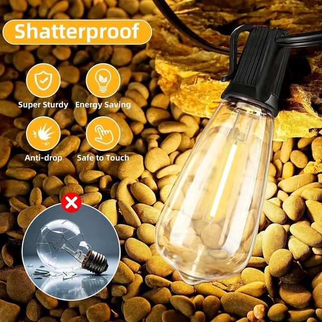 Alt view image 11 of 14 - 50FT Outdoor LED String Lights,Vintage ST40 LED Bulbs (25+2 Spare),Shatterproof Plastic,E17 Socket,2700K Warm White-Ideal for Patio,Porch,Deck,Gazebo,Bistro,Backyard,Wedding&Party Décor