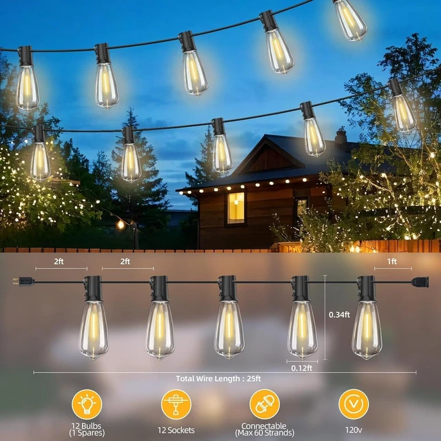 Alt view image 9 of 14 - 50FT Outdoor LED String Lights,Vintage ST40 LED Bulbs (25+2 Spare),Shatterproof Plastic,E17 Socket,2700K Warm White-Ideal for Patio,Porch,Deck,Gazebo,Bistro,Backyard,Wedding&Party Décor