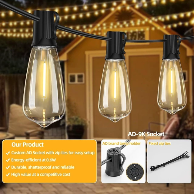 Alt view image 13 of 14 - 50FT Outdoor LED String Lights,Vintage ST40 LED Bulbs (25+2 Spare),Shatterproof Plastic,E17 Socket,2700K Warm White-Ideal for Patio,Porch,Deck,Gazebo,Bistro,Backyard,Wedding&Party Décor