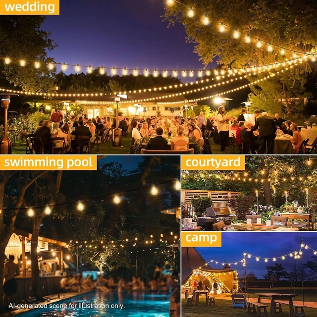 Alt view image 14 of 14 - 50FT Outdoor LED String Lights,Vintage ST40 LED Bulbs (25+2 Spare),Shatterproof Plastic,E17 Socket,2700K Warm White-Ideal for Patio,Porch,Deck,Gazebo,Bistro,Backyard,Wedding&Party Décor