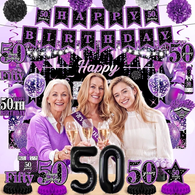 Alt view image 10 of 14 - Purple 50th Birthday Decorations Kit for Women Men Purple Black 50th Birthday Banner 50th Birthday Balloons Honeycomb Centerpiece Swirls Paper Pompoms Sash for Purple 50th Birthday Party Supplies