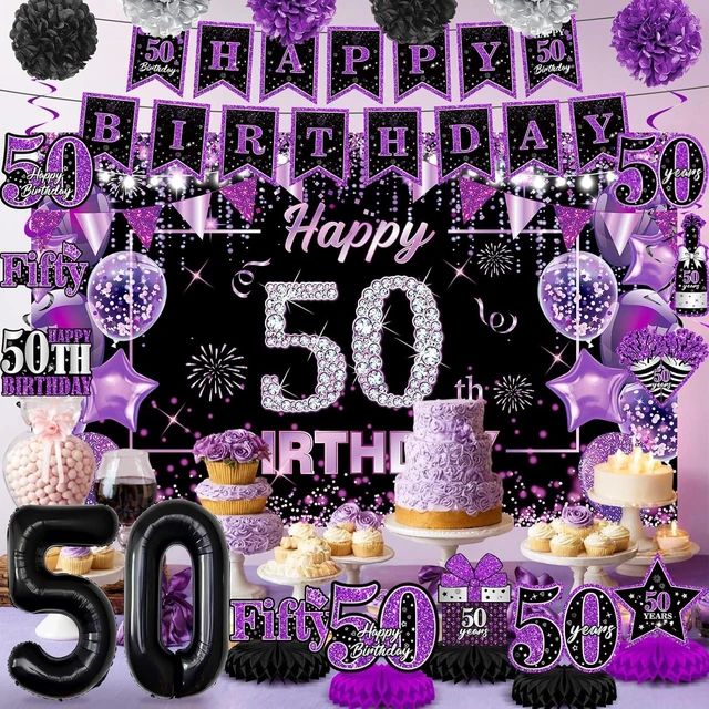 Alt view image 12 of 14 - Purple 50th Birthday Decorations Kit for Women Men Purple Black 50th Birthday Banner 50th Birthday Balloons Honeycomb Centerpiece Swirls Paper Pompoms Sash for Purple 50th Birthday Party Supplies