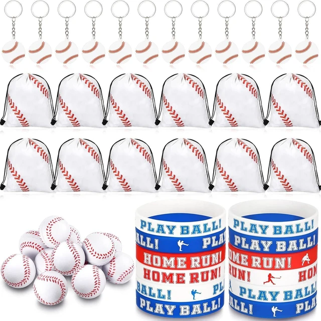 Alt view image 8 of 14 - LEIFIDE 48 Pcs Baseball Party Favors 12 Sets Silicone Bracelet Drawstring Treat Bag Mini Stress Ball Keychains for Baseball Birthday Party Supplies