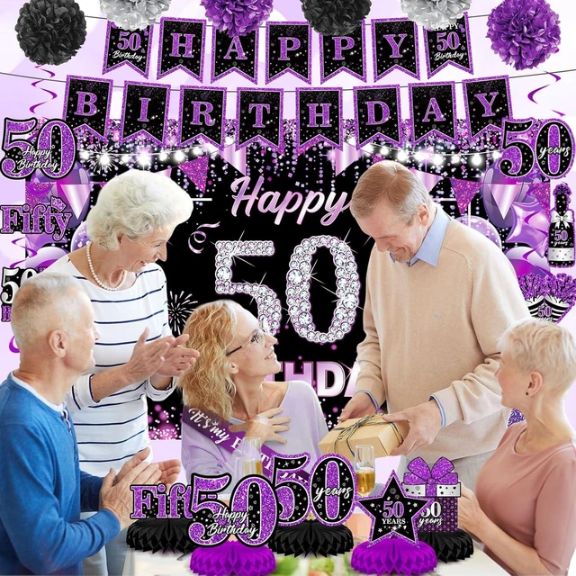 Alt view image 11 of 14 - Purple 50th Birthday Decorations Kit for Women Men Purple Black 50th Birthday Banner 50th Birthday Balloons Honeycomb Centerpiece Swirls Paper Pompoms Sash for Purple 50th Birthday Party Supplies