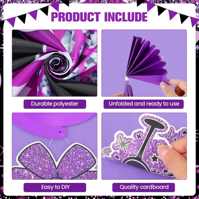 Alt view image 13 of 14 - Purple 50th Birthday Decorations Kit for Women Men Purple Black 50th Birthday Banner 50th Birthday Balloons Honeycomb Centerpiece Swirls Paper Pompoms Sash for Purple 50th Birthday Party Supplies