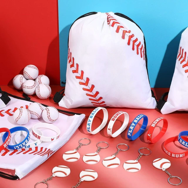 Alt view image 13 of 14 - LEIFIDE 48 Pcs Baseball Party Favors 12 Sets Silicone Bracelet Drawstring Treat Bag Mini Stress Ball Keychains for Baseball Birthday Party Supplies