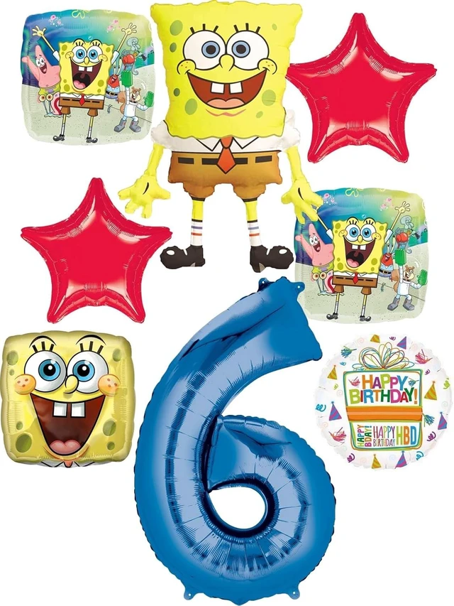 Alt view image 4 of 6 - Spongebobs 6th Birthday Party Supplies 8pc Foil Balloons Bouquet Decorations