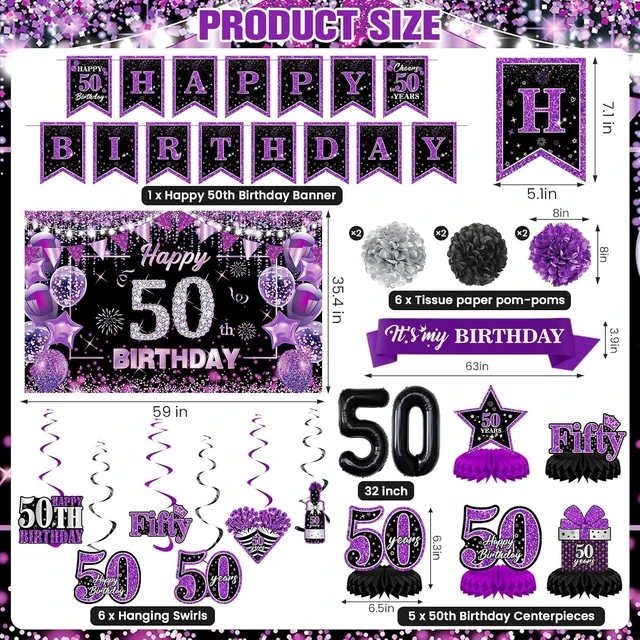 Alt view image 14 of 14 - Purple 50th Birthday Decorations Kit for Women Men Purple Black 50th Birthday Banner 50th Birthday Balloons Honeycomb Centerpiece Swirls Paper Pompoms Sash for Purple 50th Birthday Party Supplies