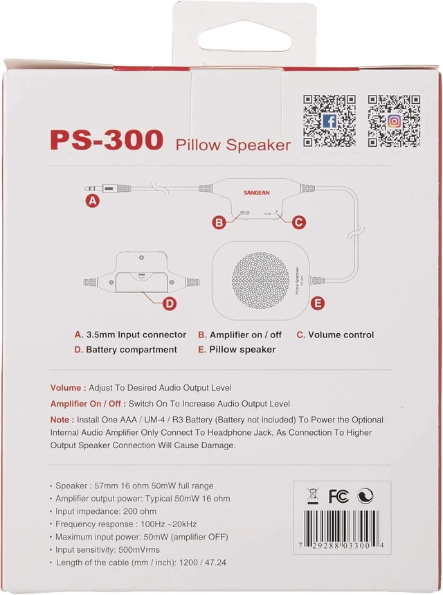 Alt view image 10 of 10 - Sangean PS-300 Pillow Speaker with In-line Volume Control and Amplifier (White)