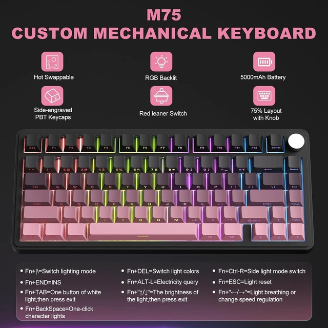 Alt view image 13 of 14 - CC MALL M75 Mechanical Keyboard,75% Gasket Hot Swappable,RGB Backlit,Side Printed PBT Keycaps,2.4Ghz/Bluetooth/USB-C Gaming Keyboards (Black and Pink)