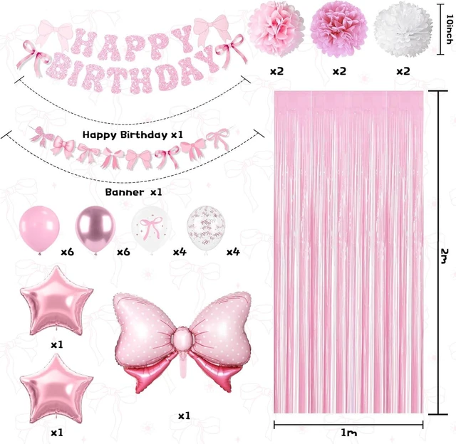 Alt view image 9 of 12 - Pink Bow Birthday Party Supplies,Coquette Birthday Decorations,Include Pink and White Bow Balloons Happy Birthday Banner Fringe Curtain Tissue Paper Pompoms Garland