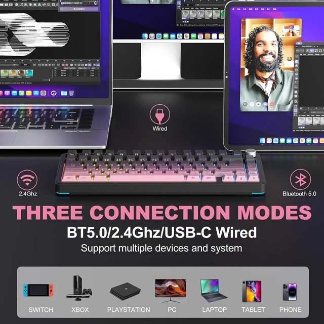 Alt view image 9 of 14 - CC MALL M75 Mechanical Keyboard,75% Gasket Hot Swappable,RGB Backlit,Side Printed PBT Keycaps,2.4Ghz/Bluetooth/USB-C Gaming Keyboards (Black and Pink)