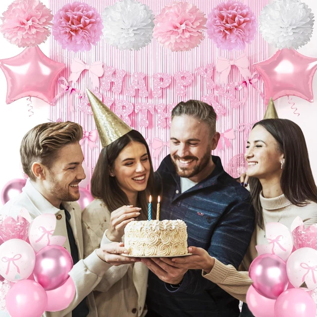 Alt view image 12 of 12 - Pink Bow Birthday Party Supplies,Coquette Birthday Decorations,Include Pink and White Bow Balloons Happy Birthday Banner Fringe Curtain Tissue Paper Pompoms Garland