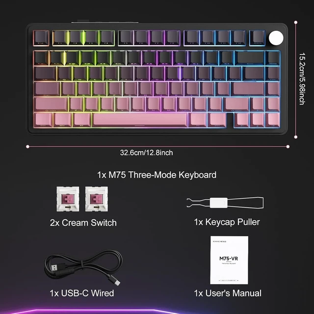 Alt view image 14 of 14 - CC MALL M75 Mechanical Keyboard,75% Gasket Hot Swappable,RGB Backlit,Side Printed PBT Keycaps,2.4Ghz/Bluetooth/USB-C Gaming Keyboards (Black and Pink)