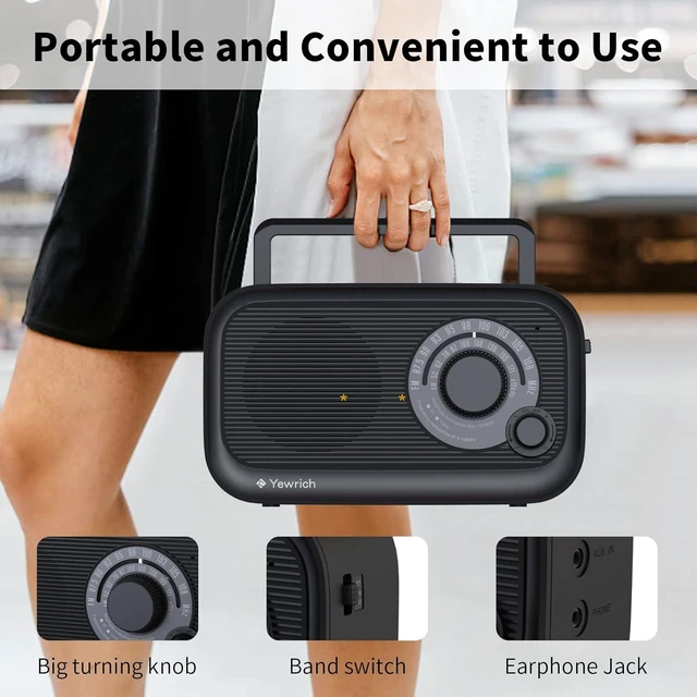 Alt view image 13 of 14 - AM FM Radio with Best Reception, Bluetooth Speaker Portable Radio, DSP Plug in Wall,Battery Operated or AC Power with Headphone Jack, Large Tuning Knob for Home Kitchen Outdoor, Black
