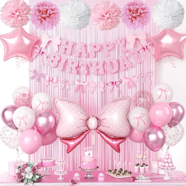 Alt view image 7 of 12 - Pink Bow Birthday Party Supplies,Coquette Birthday Decorations,Include Pink and White Bow Balloons Happy Birthday Banner Fringe Curtain Tissue Paper Pompoms Garland