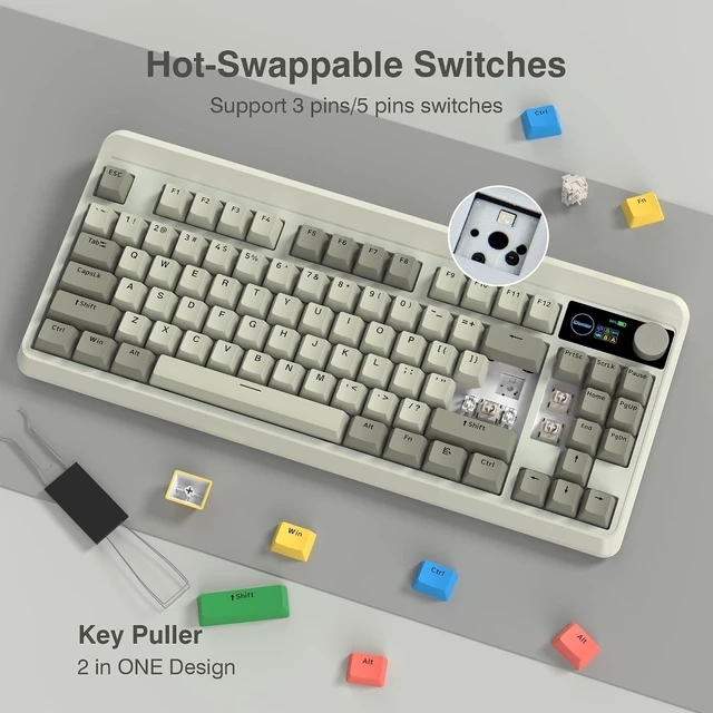 Alt view image 12 of 14 - Womier Retro 75% Gaming Keyboard with OLED Display&Knob, M87 Pro Bluetooth 5.1/2.4GHz /USB-C Wireless Mechanical Keyboard with Hot-Swappable Custom Switch, Compact Gamer RGB Keyboard-Grey