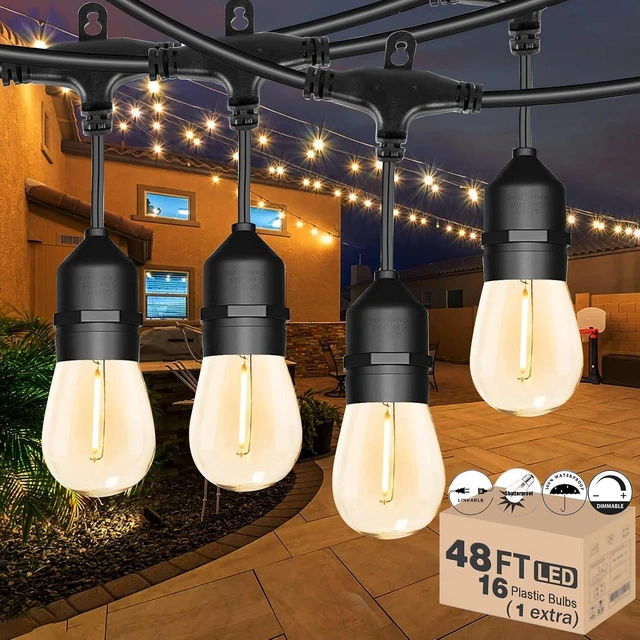 Alt view image 7 of 12 - Outdoor String Lights for Outside 48FT with 15+1 2700K LED S14 Shatterproof Bulbs for Patio Back Yard Porch, Linkable