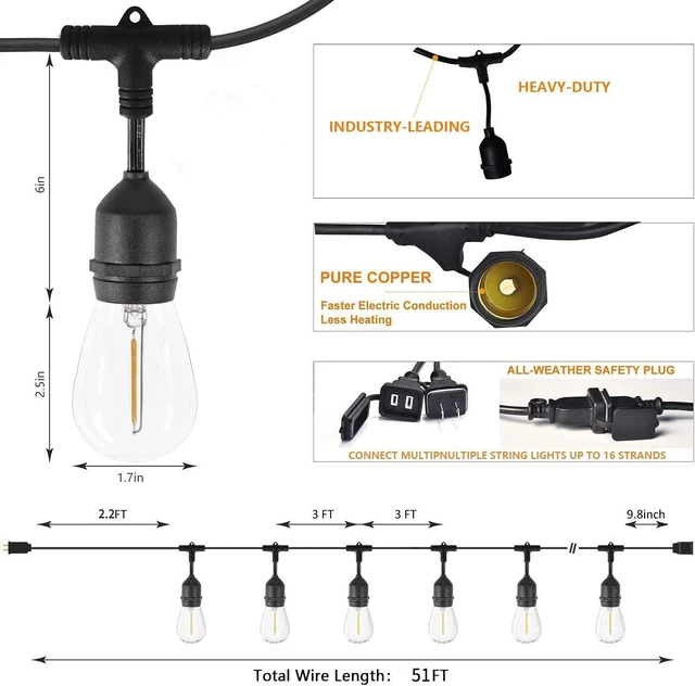 Alt view image 8 of 12 - Outdoor String Lights for Outside 48FT with 15+1 2700K LED S14 Shatterproof Bulbs for Patio Back Yard Porch, Linkable