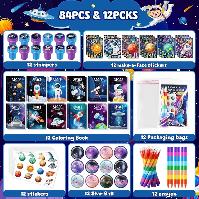 Alt view image 9 of 14 - BenLouis 84Pcs Outer Space Themed Party Favors Space Alien Coloring Books Crayons Sticker Stampers Set Bulk Classroom Prizes for Kids Astronaut Planet Birthday Party Goodie Bags Fillers