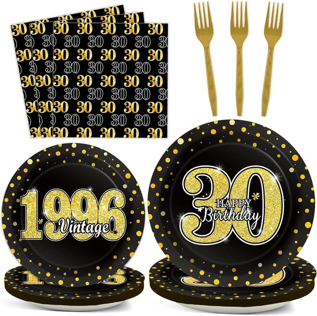 Alt view image 8 of 14 - 96PCS 30th Theme Birthday Party Tableware Vintage 1996 Party Supplies 30 Year Old Birthday Decorations Plates Napkins Forks Black and Gold Dinnerware Favors for Men or Women