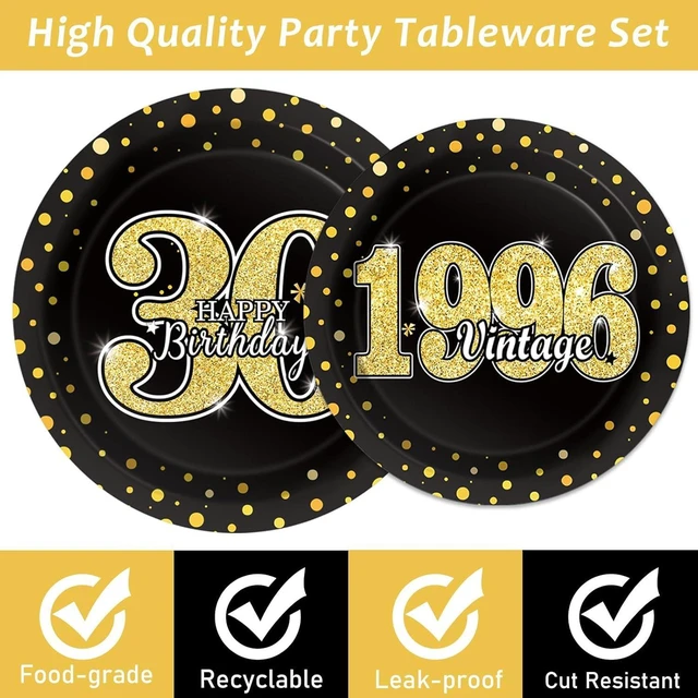 Alt view image 11 of 14 - 96PCS 30th Theme Birthday Party Tableware Vintage 1996 Party Supplies 30 Year Old Birthday Decorations Plates Napkins Forks Black and Gold Dinnerware Favors for Men or Women