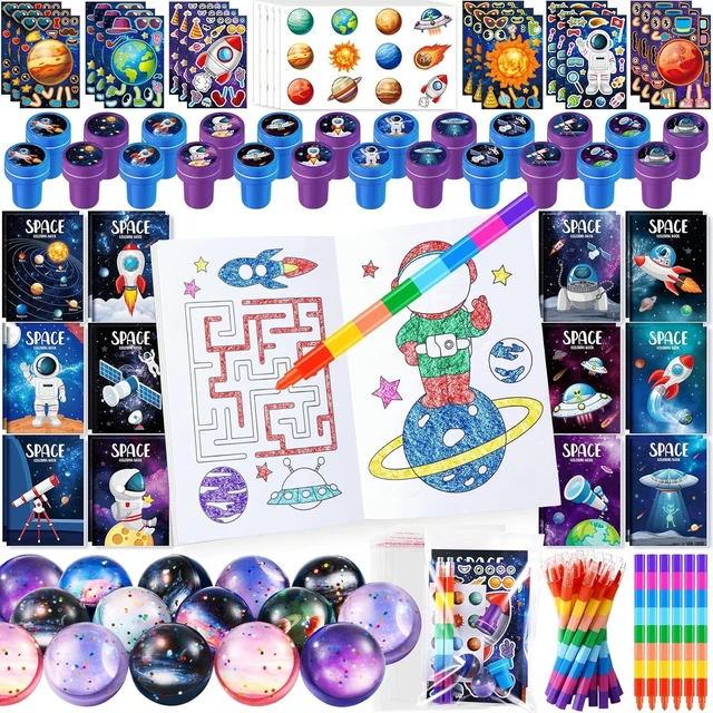 Alt view image 8 of 14 - BenLouis 84Pcs Outer Space Themed Party Favors Space Alien Coloring Books Crayons Sticker Stampers Set Bulk Classroom Prizes for Kids Astronaut Planet Birthday Party Goodie Bags Fillers