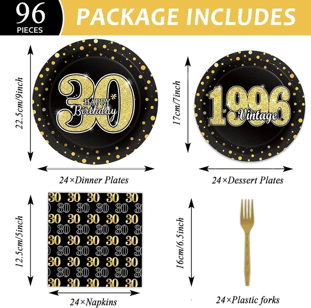 Alt view image 9 of 14 - 96PCS 30th Theme Birthday Party Tableware Vintage 1996 Party Supplies 30 Year Old Birthday Decorations Plates Napkins Forks Black and Gold Dinnerware Favors for Men or Women