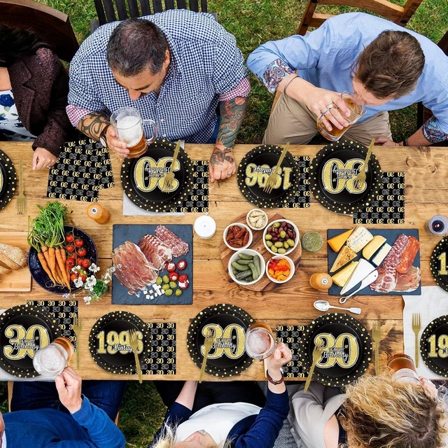 Alt view image 12 of 14 - 96PCS 30th Theme Birthday Party Tableware Vintage 1996 Party Supplies 30 Year Old Birthday Decorations Plates Napkins Forks Black and Gold Dinnerware Favors for Men or Women
