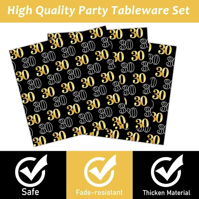Alt view image 10 of 14 - 96PCS 30th Theme Birthday Party Tableware Vintage 1996 Party Supplies 30 Year Old Birthday Decorations Plates Napkins Forks Black and Gold Dinnerware Favors for Men or Women