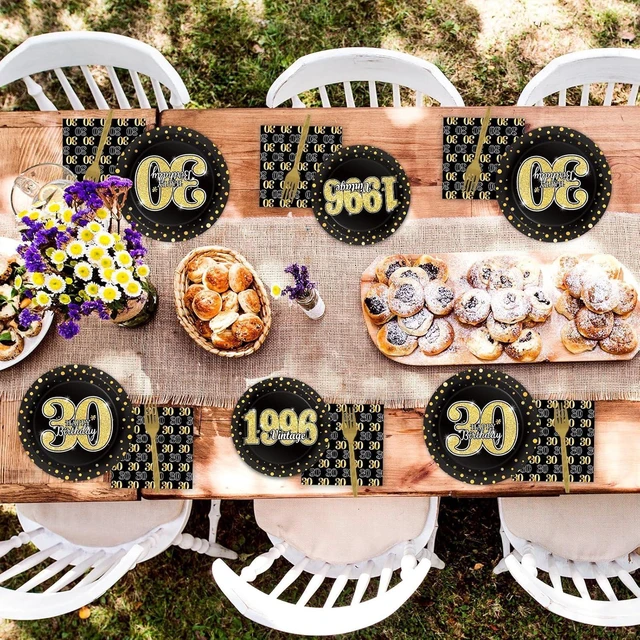 Alt view image 13 of 14 - 96PCS 30th Theme Birthday Party Tableware Vintage 1996 Party Supplies 30 Year Old Birthday Decorations Plates Napkins Forks Black and Gold Dinnerware Favors for Men or Women