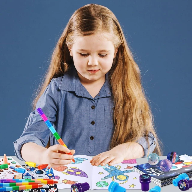 Alt view image 11 of 14 - BenLouis 84Pcs Outer Space Themed Party Favors Space Alien Coloring Books Crayons Sticker Stampers Set Bulk Classroom Prizes for Kids Astronaut Planet Birthday Party Goodie Bags Fillers