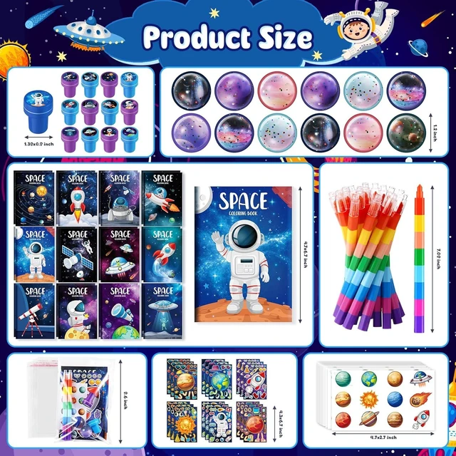 Alt view image 10 of 14 - BenLouis 84Pcs Outer Space Themed Party Favors Space Alien Coloring Books Crayons Sticker Stampers Set Bulk Classroom Prizes for Kids Astronaut Planet Birthday Party Goodie Bags Fillers