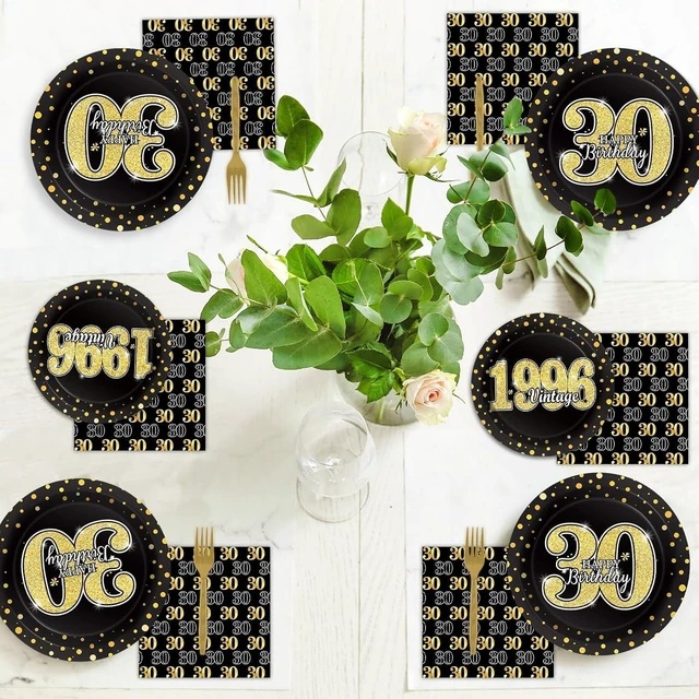 Alt view image 14 of 14 - 96PCS 30th Theme Birthday Party Tableware Vintage 1996 Party Supplies 30 Year Old Birthday Decorations Plates Napkins Forks Black and Gold Dinnerware Favors for Men or Women